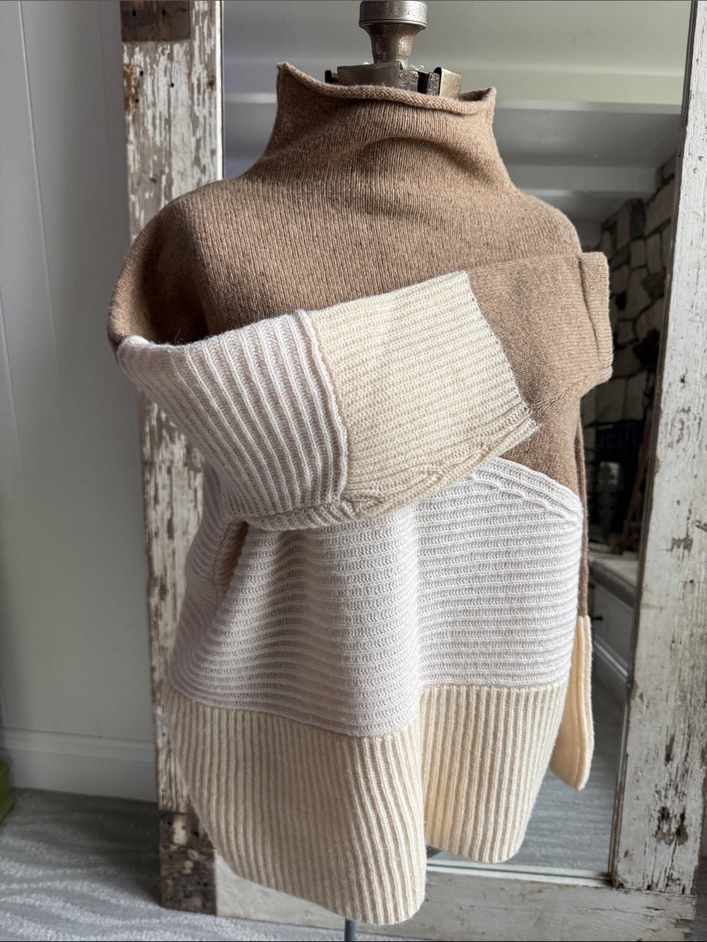 French Connection Cream & Brown Colorblock Turtleneck Sweater